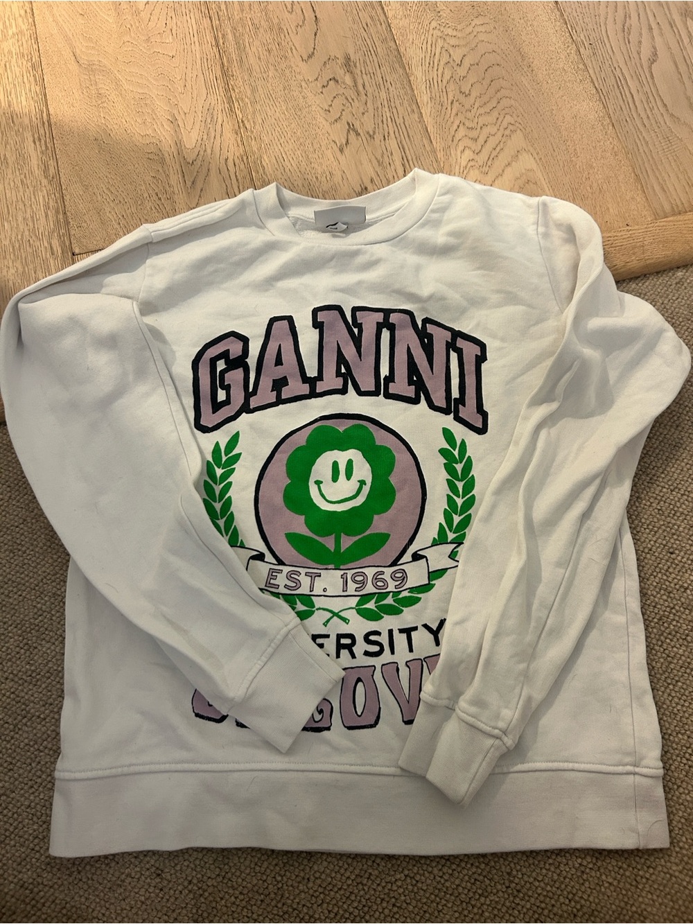 Ganni White Crewneck Sweatshirt with Green & Lavender Graphic
